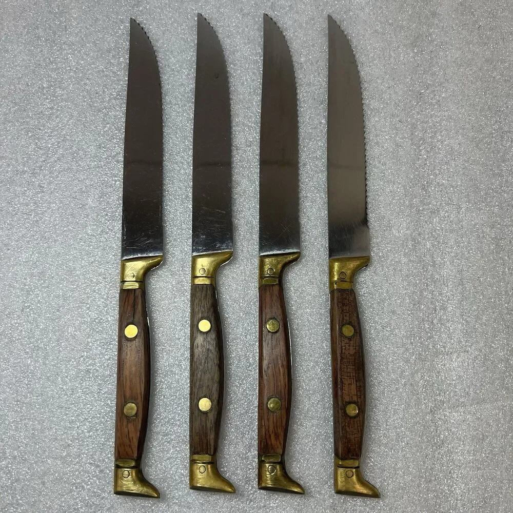 4 VTG ROWOCO Serrated Steak Knives 9”Rosewood Brass Full Tang Boot Handle France